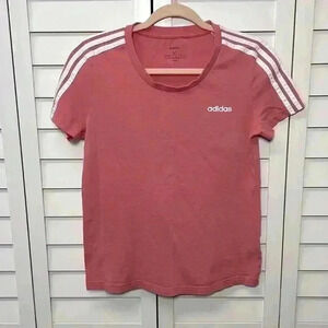 Adidas Essential 3 Stripe T-Shirt Size Medium Pink & White